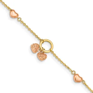 14k two-tone gold diamond-cut bracelet polished heart charms