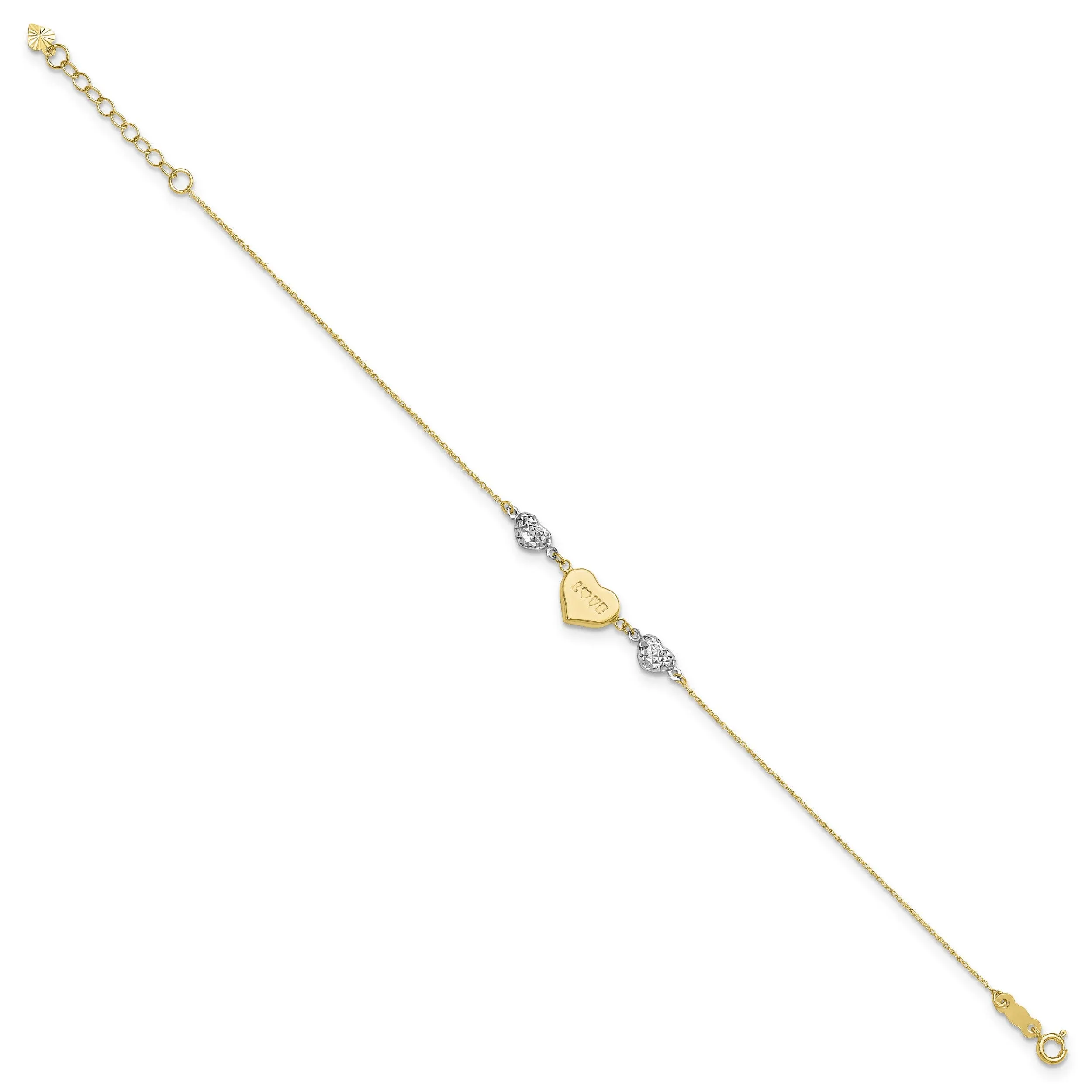 14K Two Tone Gold Puffed LOVE Heart & Hearts Bracelet