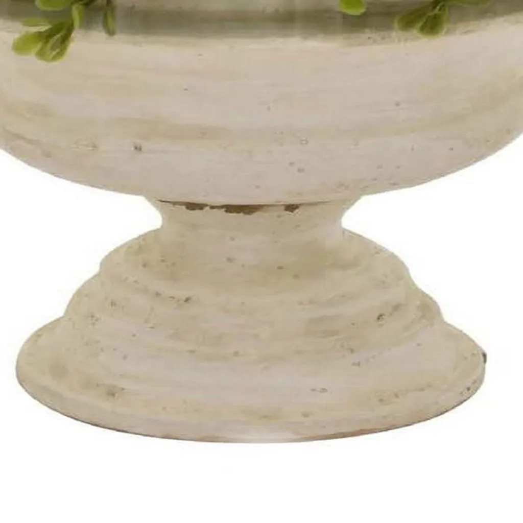 15 Inch Faux Boxwood Topiary Plant in Urn Pedestal Pot, Off White Planter By Casagear Home