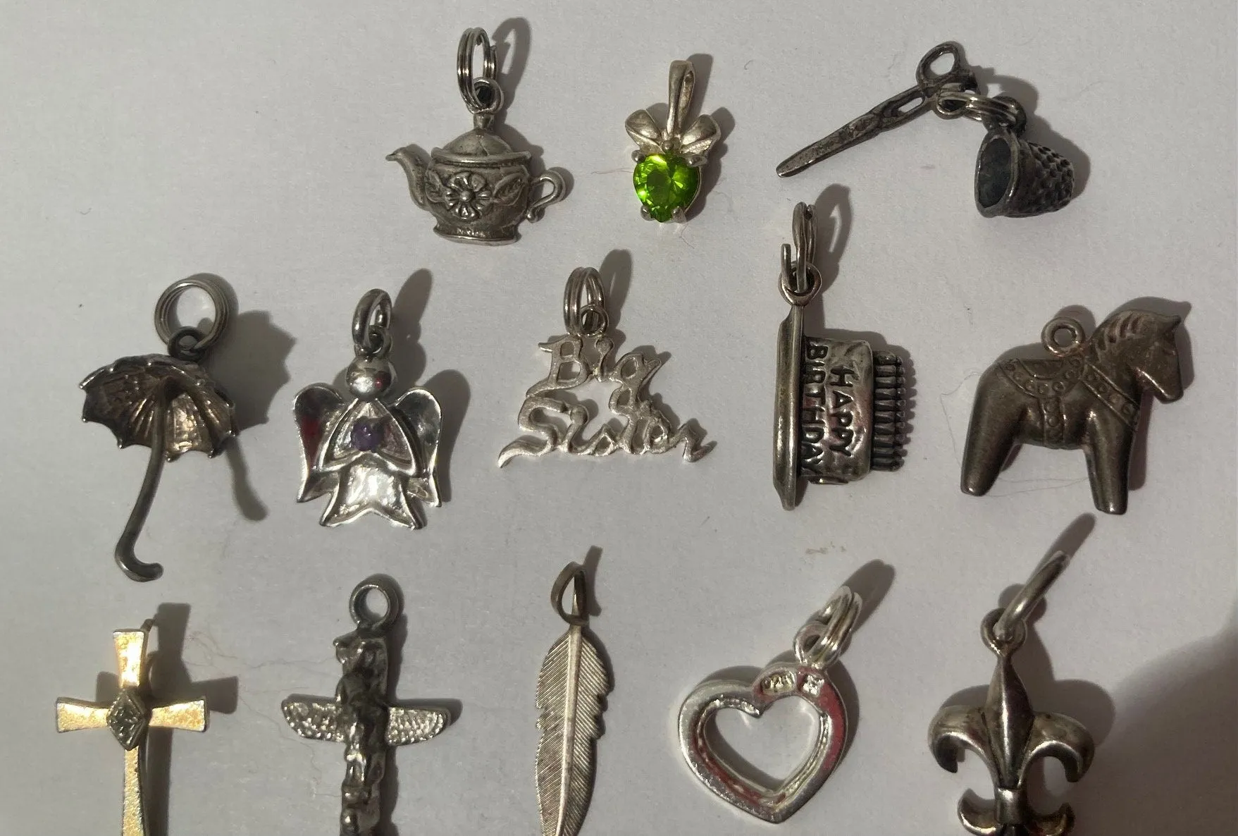 17 Vintage Sterling Silver 925 Metal Pendants, Cross, Horse, Shoes, Green Stone, So Cute, Nice Designs, Pendants for Necklaces, Bracelets