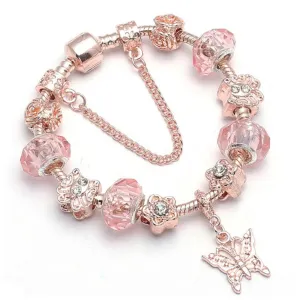 18K Rose Gold Plated Pink Crystal Butterfly Charm Bracelet w/ Swarovski Elements