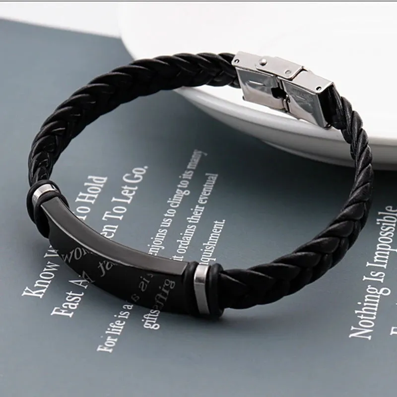 2022 Trendy Men Leatherwear Weave Bracelet Leisure Color Contrast Stainless Steel ID Bar Customize Engraving Bangle