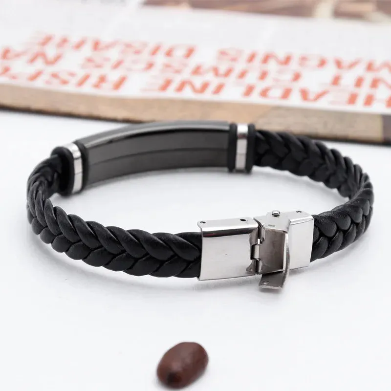 2022 Trendy Men Leatherwear Weave Bracelet Leisure Color Contrast Stainless Steel ID Bar Customize Engraving Bangle