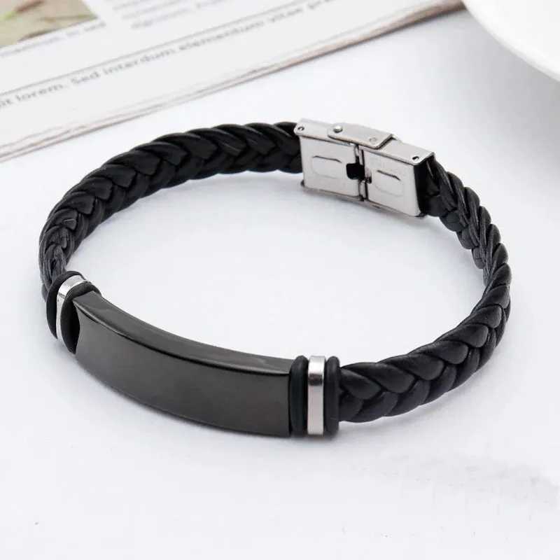 2022 Trendy Men Leatherwear Weave Bracelet Leisure Color Contrast Stainless Steel ID Bar Customize Engraving Bangle