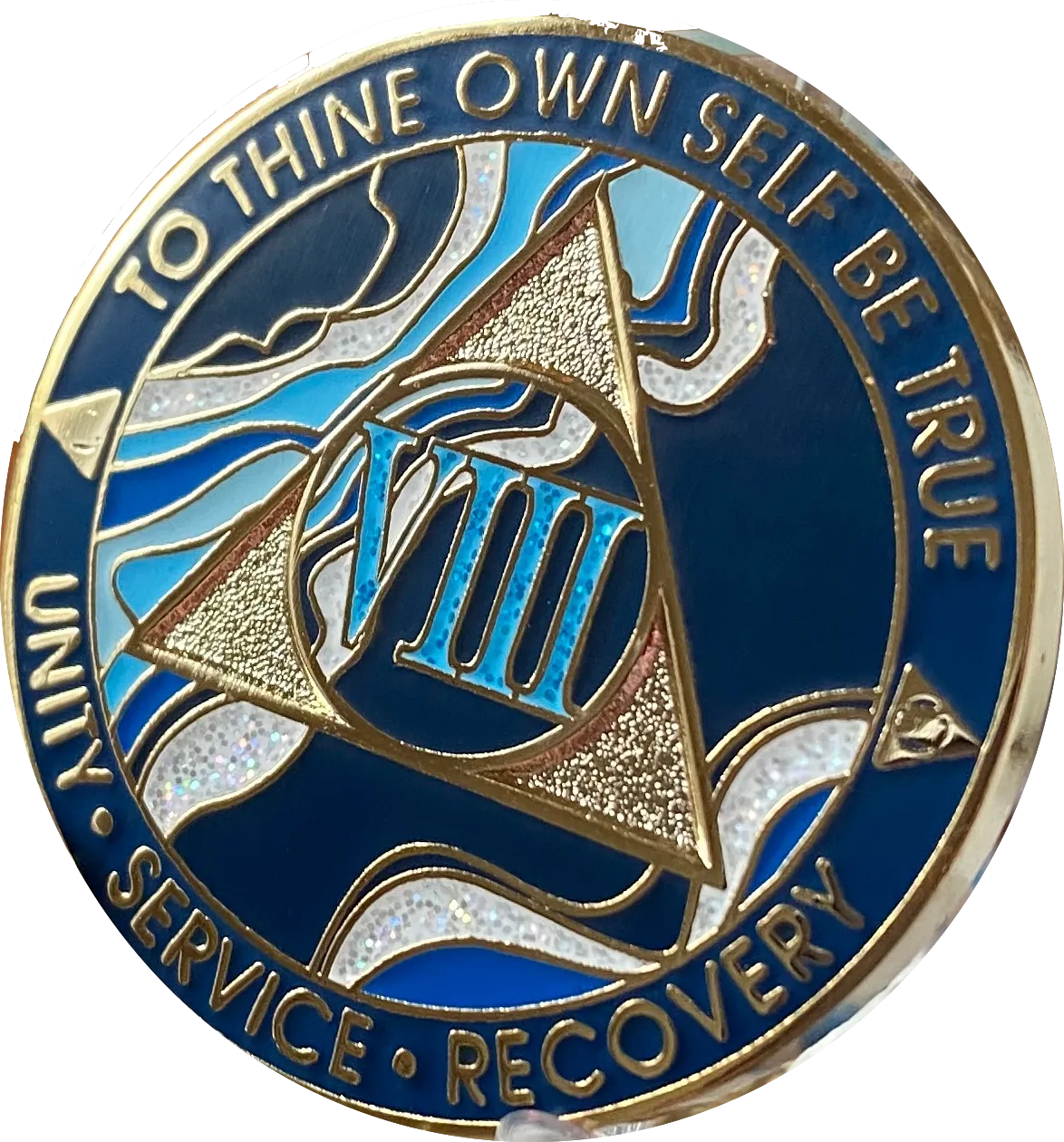 8 Year AA Medallion Elegant Navy Blue Marble Gold Sobriety Chip