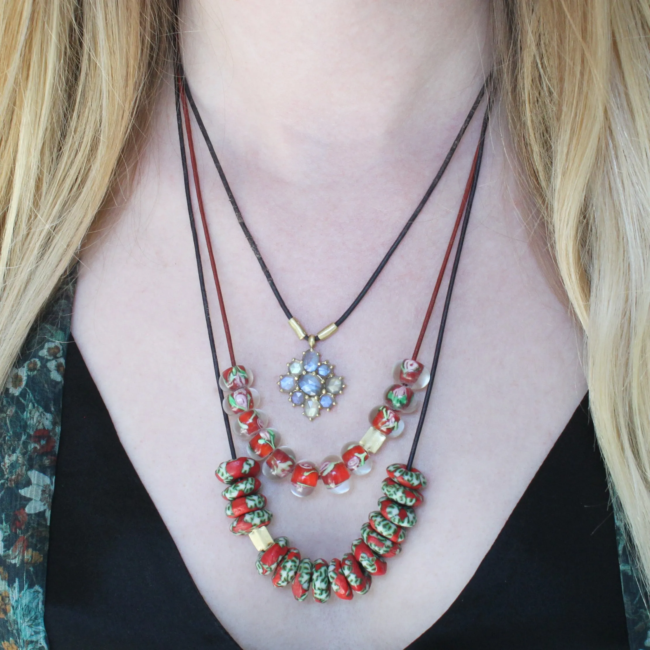 A Recycled Red and Green Glass Bead Necklace