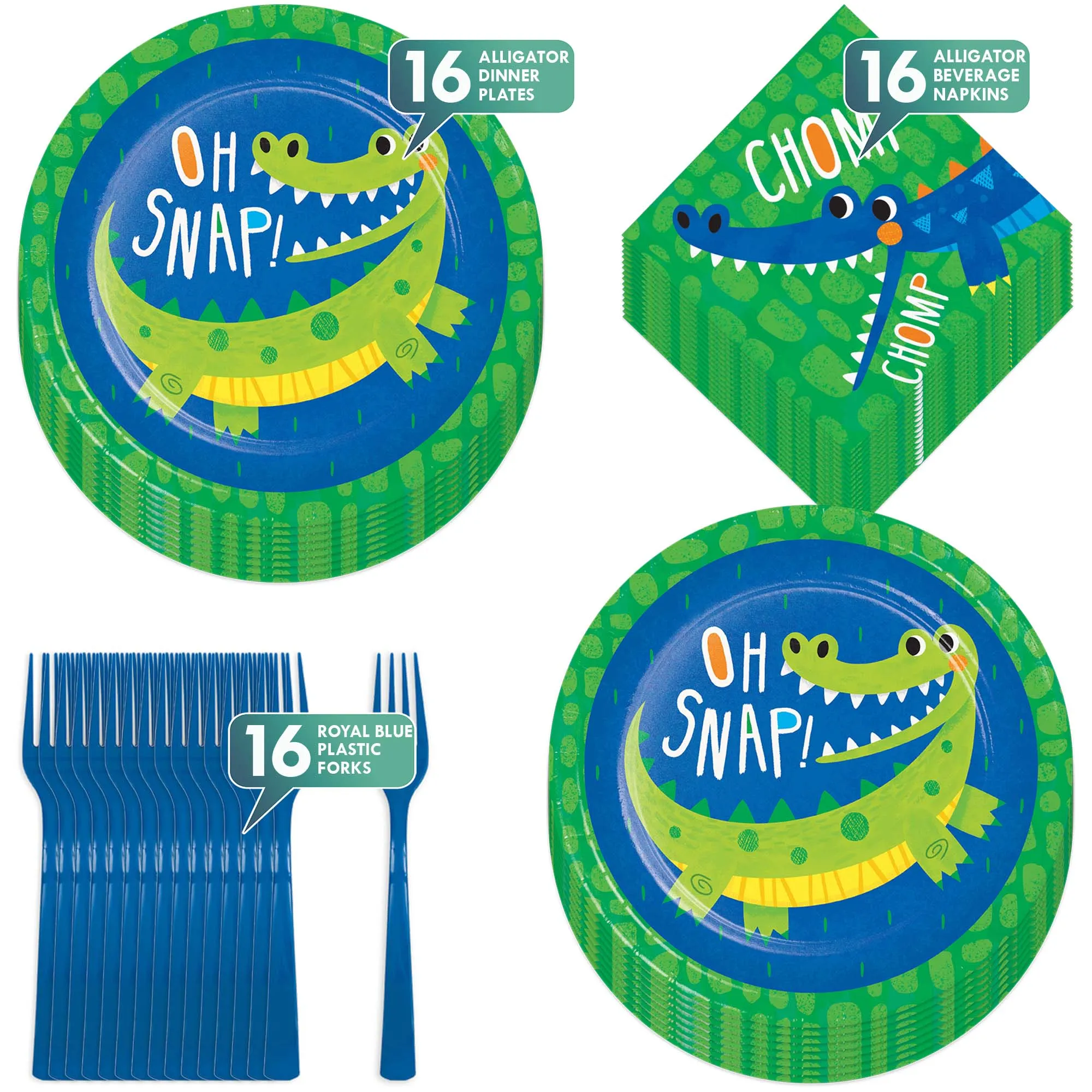 Alligator Party Supplies - Paper Dinner Plates, Beverage Napkins, and Forks (16 Plates & Napkins)