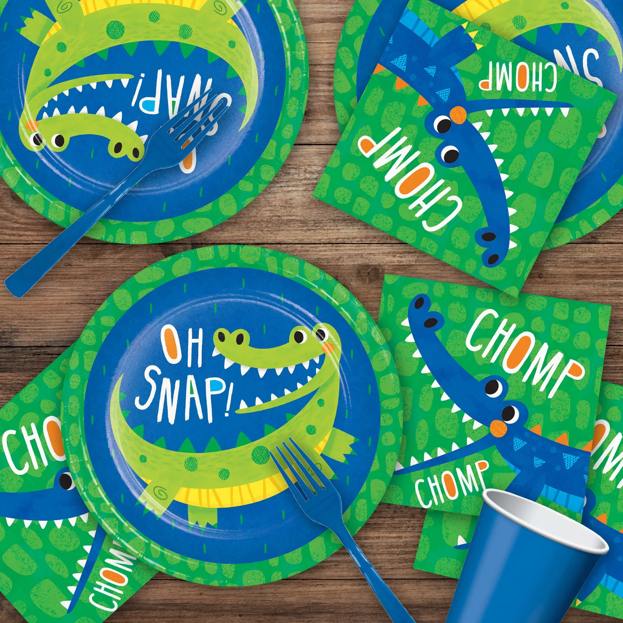 Alligator Party Supplies - Paper Dinner Plates, Beverage Napkins, and Forks (16 Plates & Napkins)