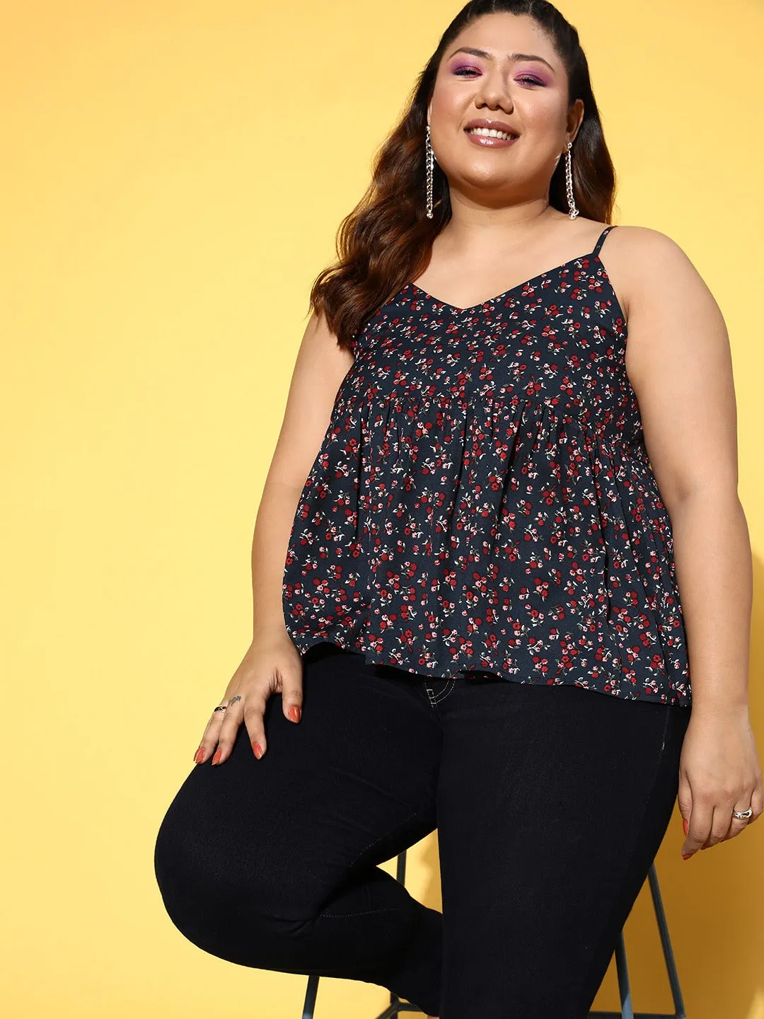 Berrylush Women Plus Size Navy Blue & Red Floral Printed V-Neck Sleeveless Crepe Pleated Empire Top