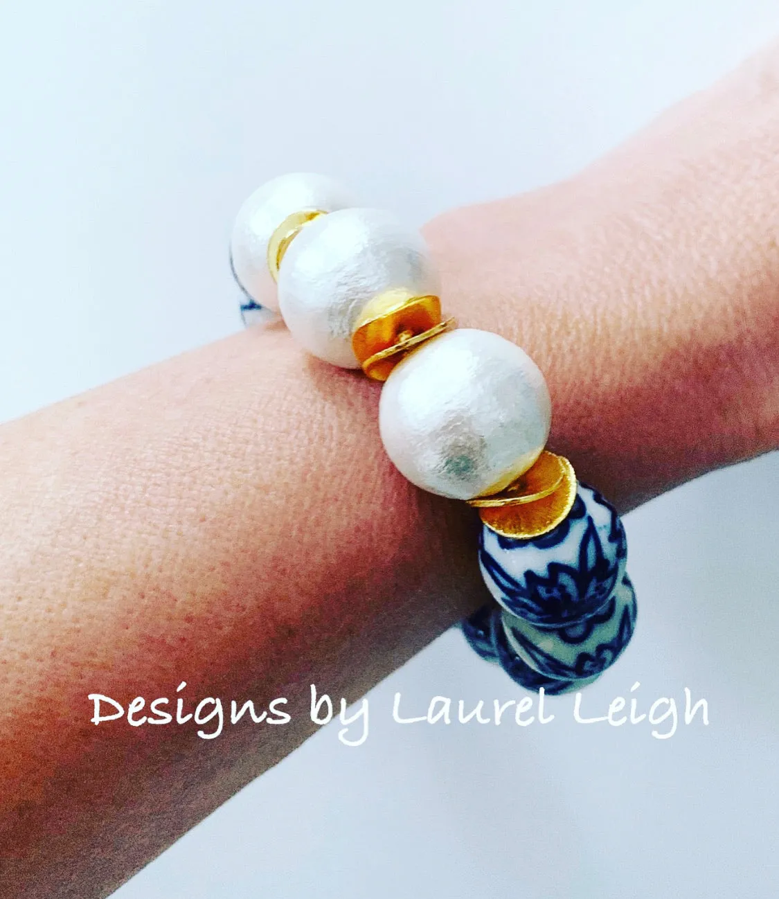 Blue & White Chinoiserie Bracelet - Peony Flower & Pearl Bracelet