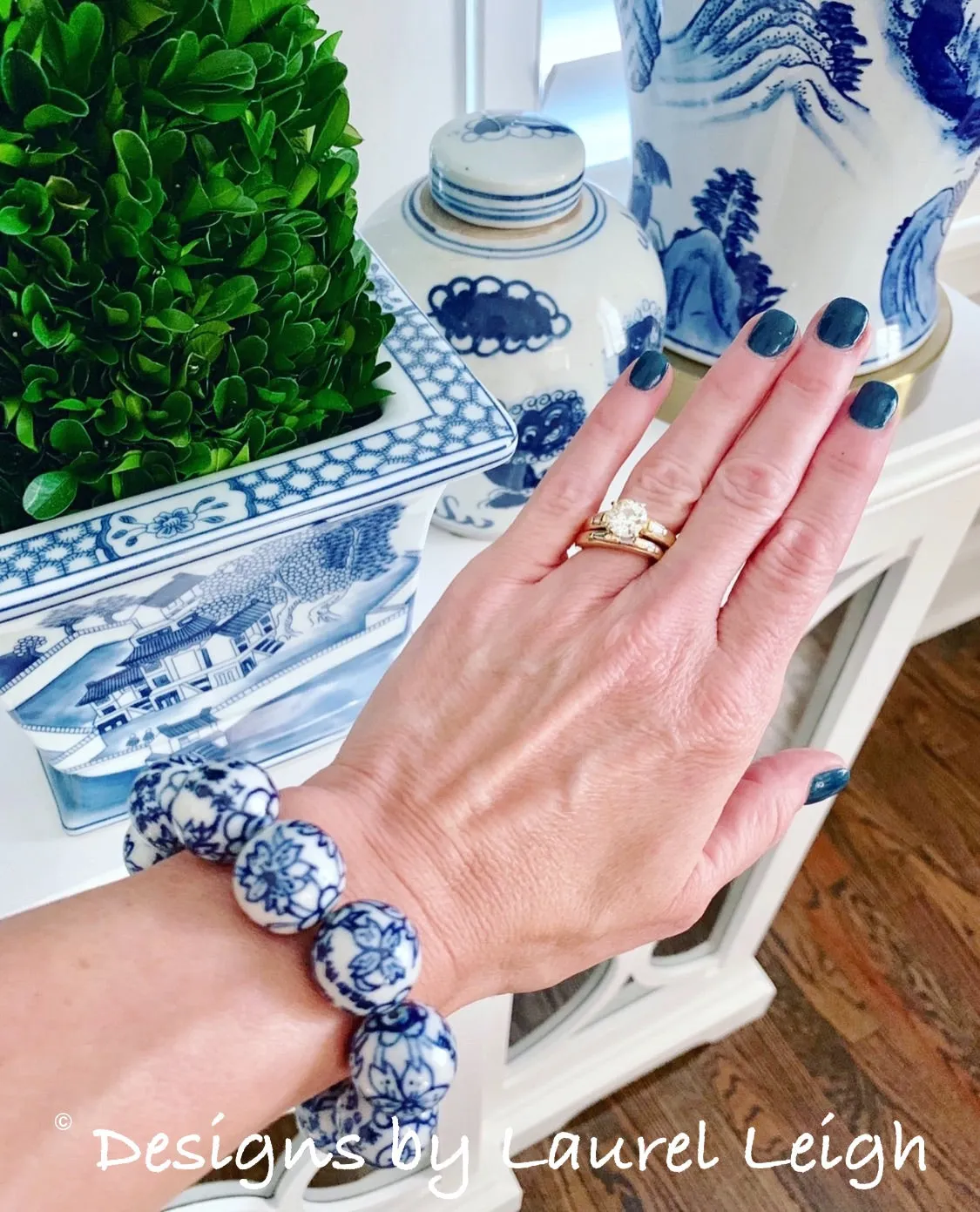 Blue & White Chinoiserie Orchid Flower Bracelet