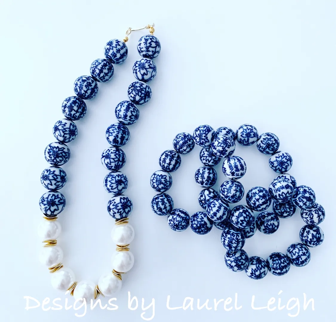 Blue & White Chinoiserie Orchid Flower Bracelet