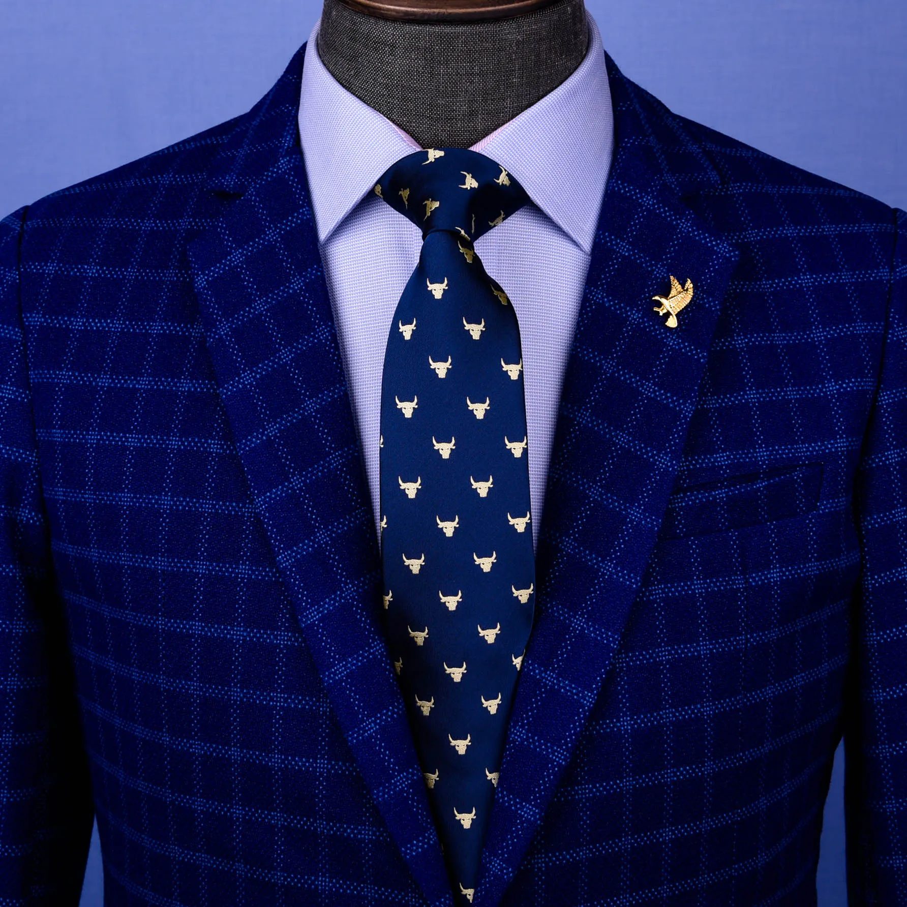 Blue Wall Street Golden Bull Head Designer Tie 8cm Necktie Florentine Accessory