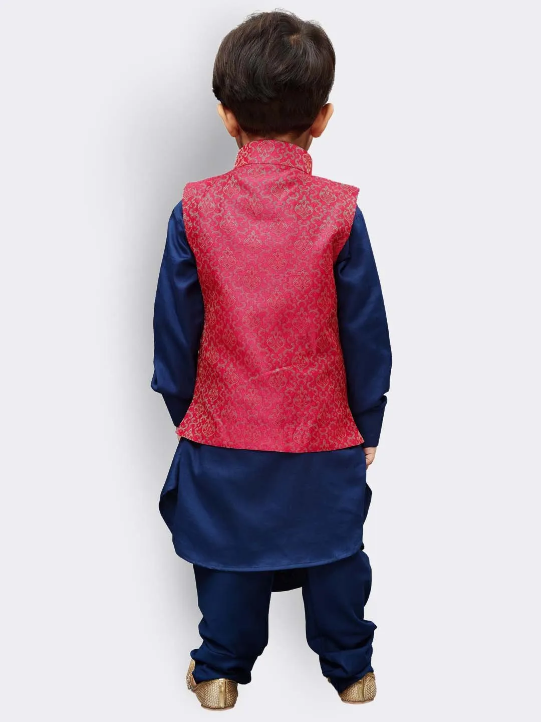 Boys' Blue Cotton Kurta, Waistcoat and Pyjama Set