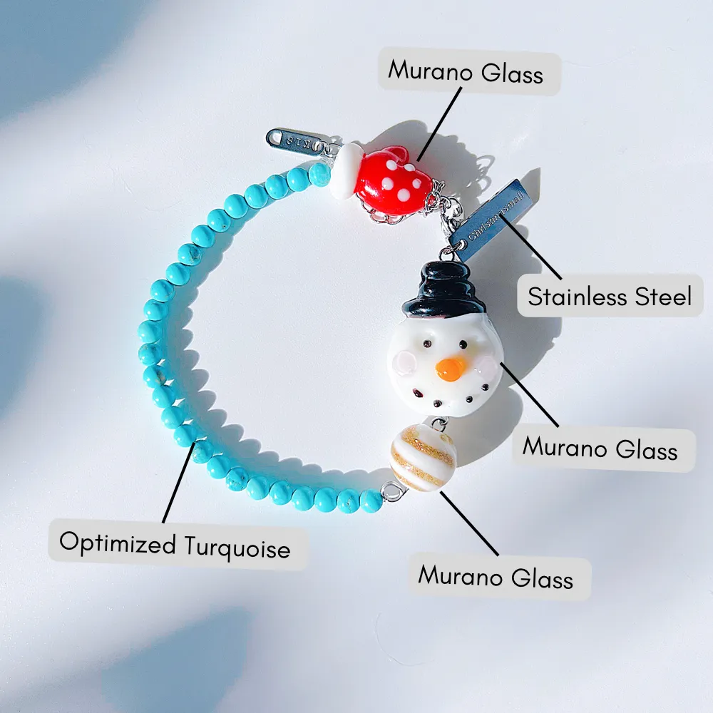 Christmas Snowman Jewelry Handmade Charm Bracelet with Murano Glass Turquoise Gemstones