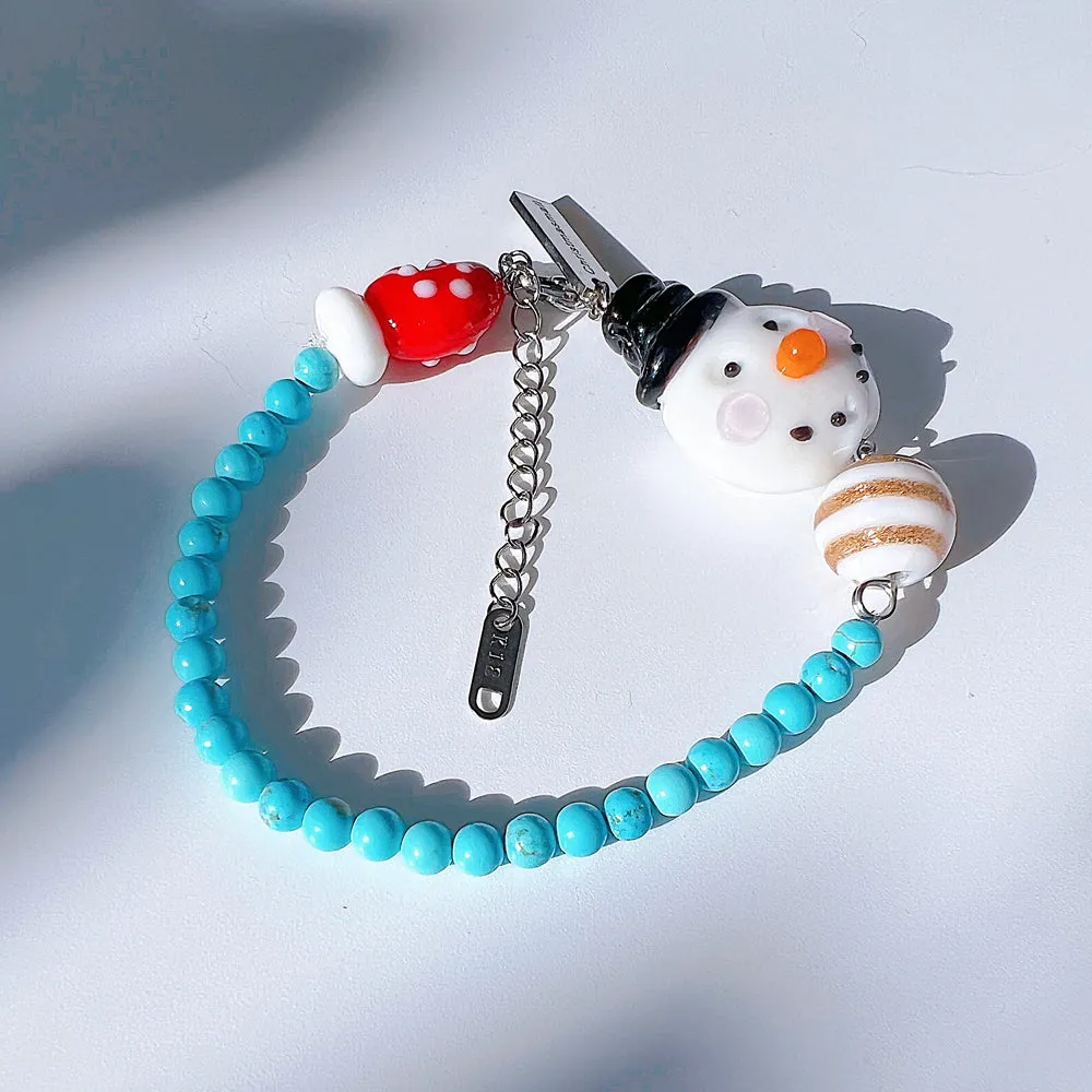 Christmas Snowman Jewelry Handmade Charm Bracelet with Murano Glass Turquoise Gemstones