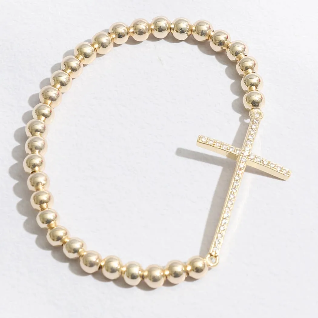 CZ Pave Cross Beaded Gold Tone Bracelet