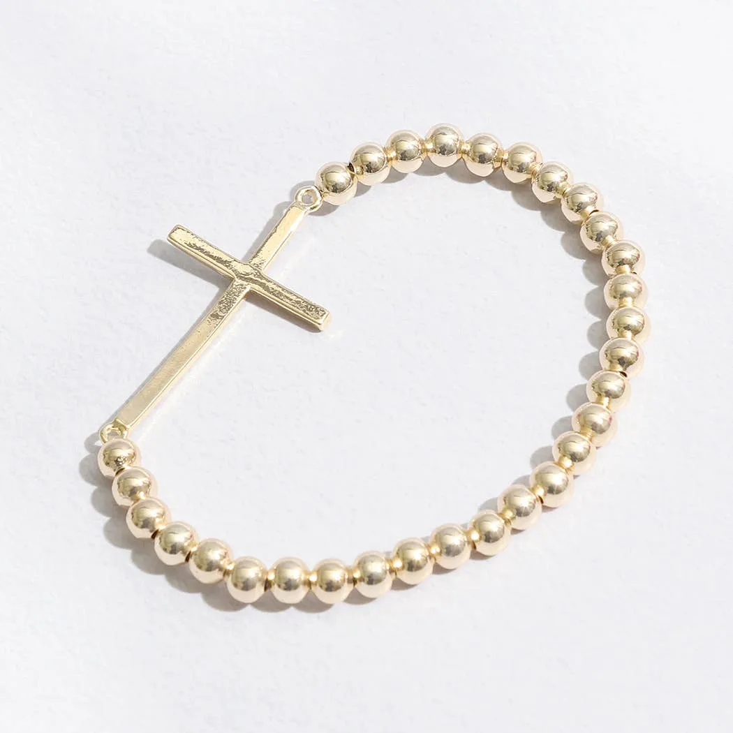 CZ Pave Cross Beaded Gold Tone Bracelet