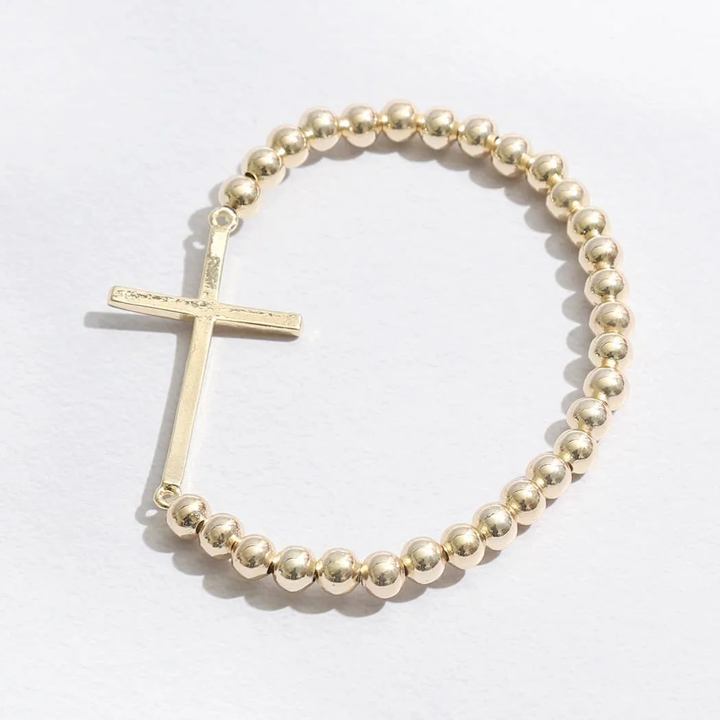 CZ Pave Cross Beaded Gold Tone Bracelet