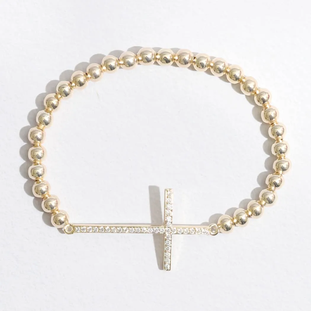 CZ Pave Cross Beaded Gold Tone Bracelet