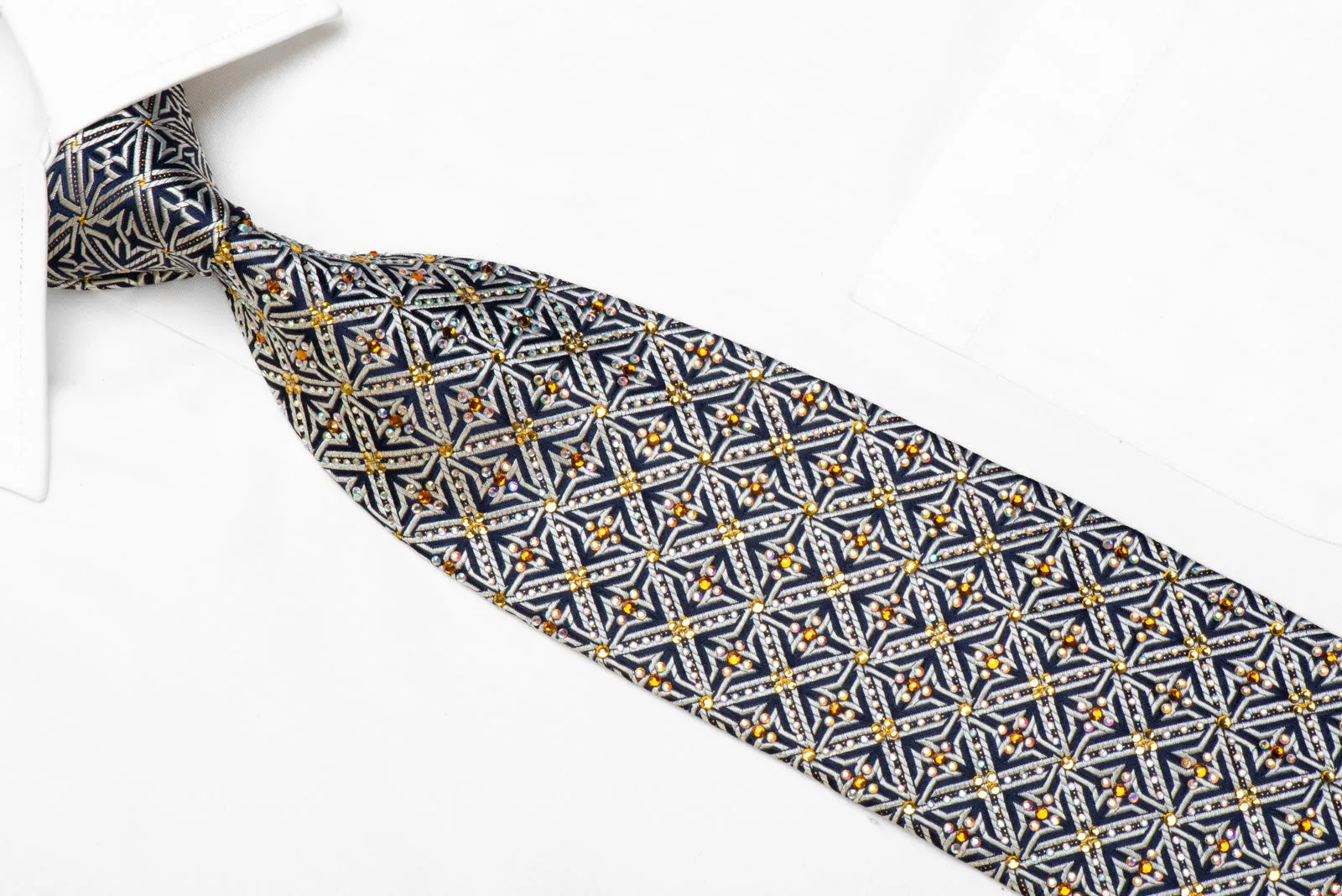 Daks rhinestone Silk Necktie Silver Trellis On Navy With Sparkles