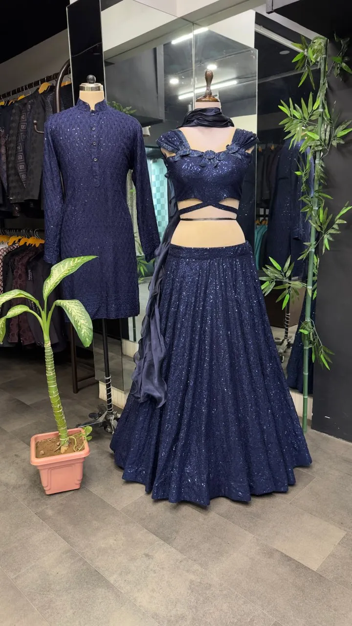 Dark Navy Blue Cinderella Sequence Full Stitched Georgette Lehenga Choli With Men Kurta Combo