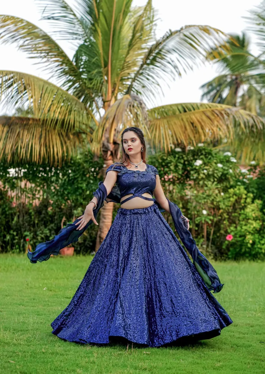 Dark Navy Blue Cinderella Sequence Full Stitched Georgette Lehenga Choli With Men Kurta Combo