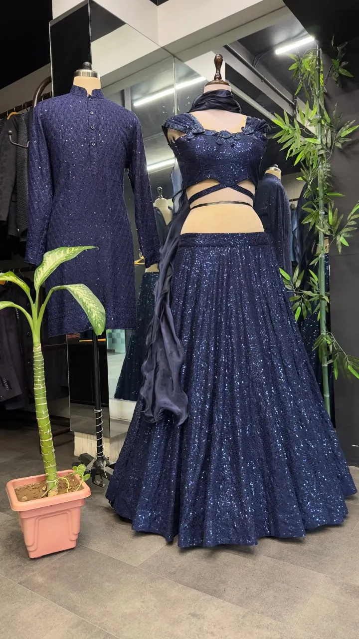 Dark Navy Blue Cinderella Sequence Full Stitched Georgette Lehenga Choli With Men Kurta Combo