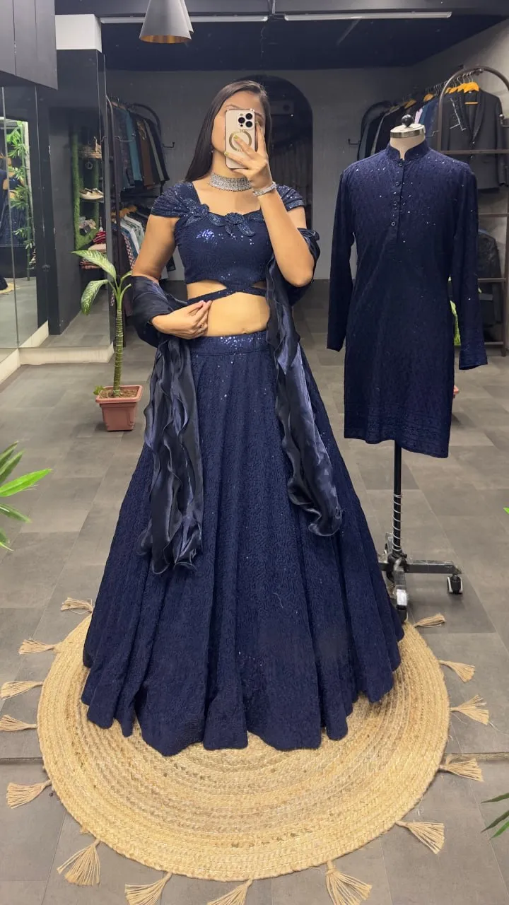 Dark Navy Blue Cinderella Sequence Full Stitched Georgette Lehenga Choli With Men Kurta Combo