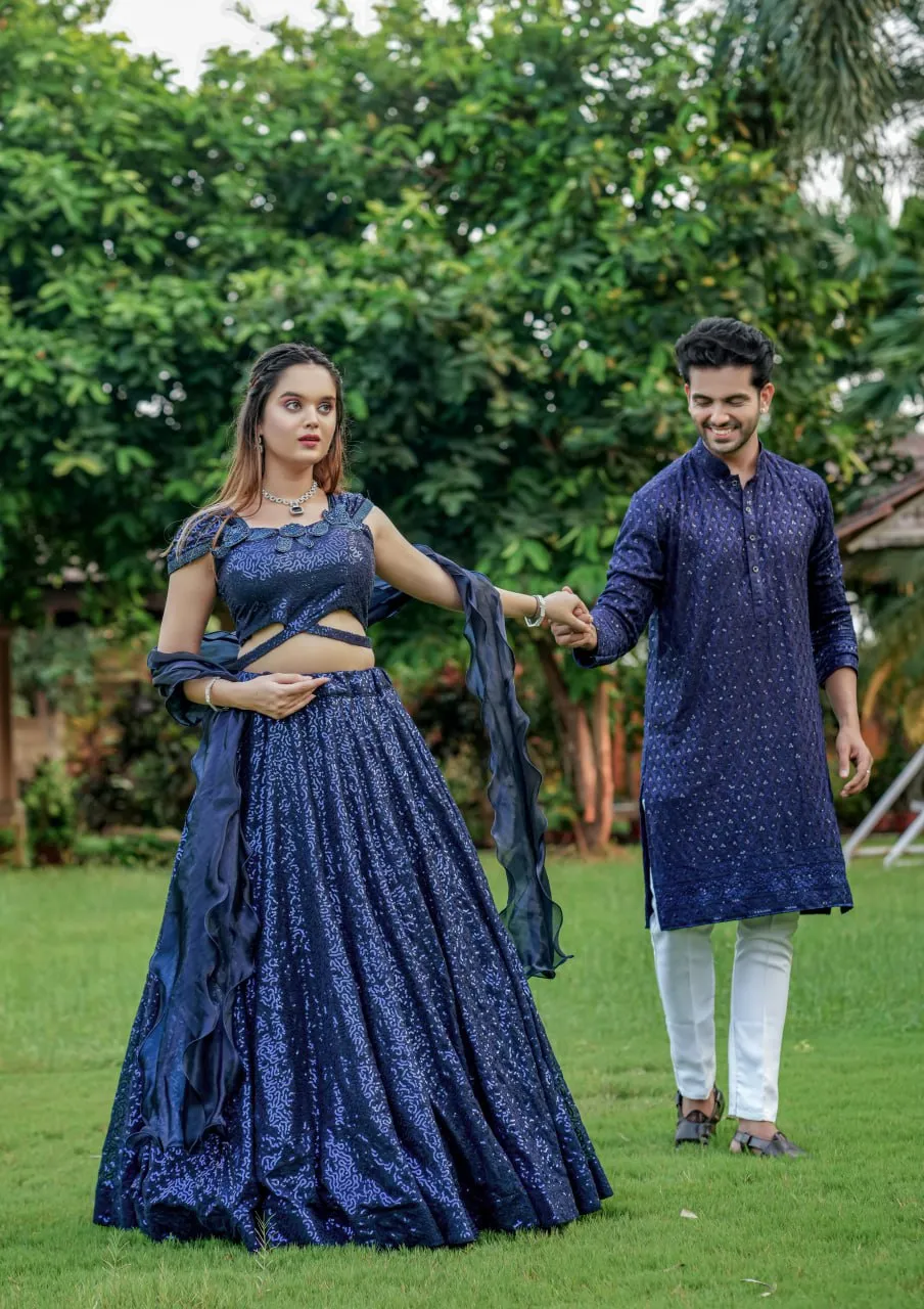 Dark Navy Blue Cinderella Sequence Full Stitched Georgette Lehenga Choli With Men Kurta Combo