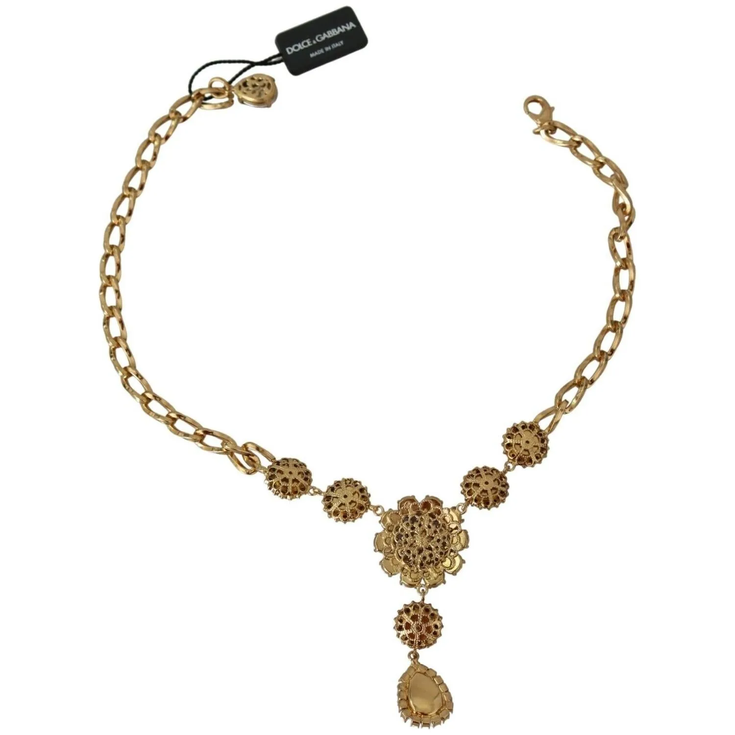 Dolce & Gabbana Elegant Gold Crystal Floral Charm Necklace