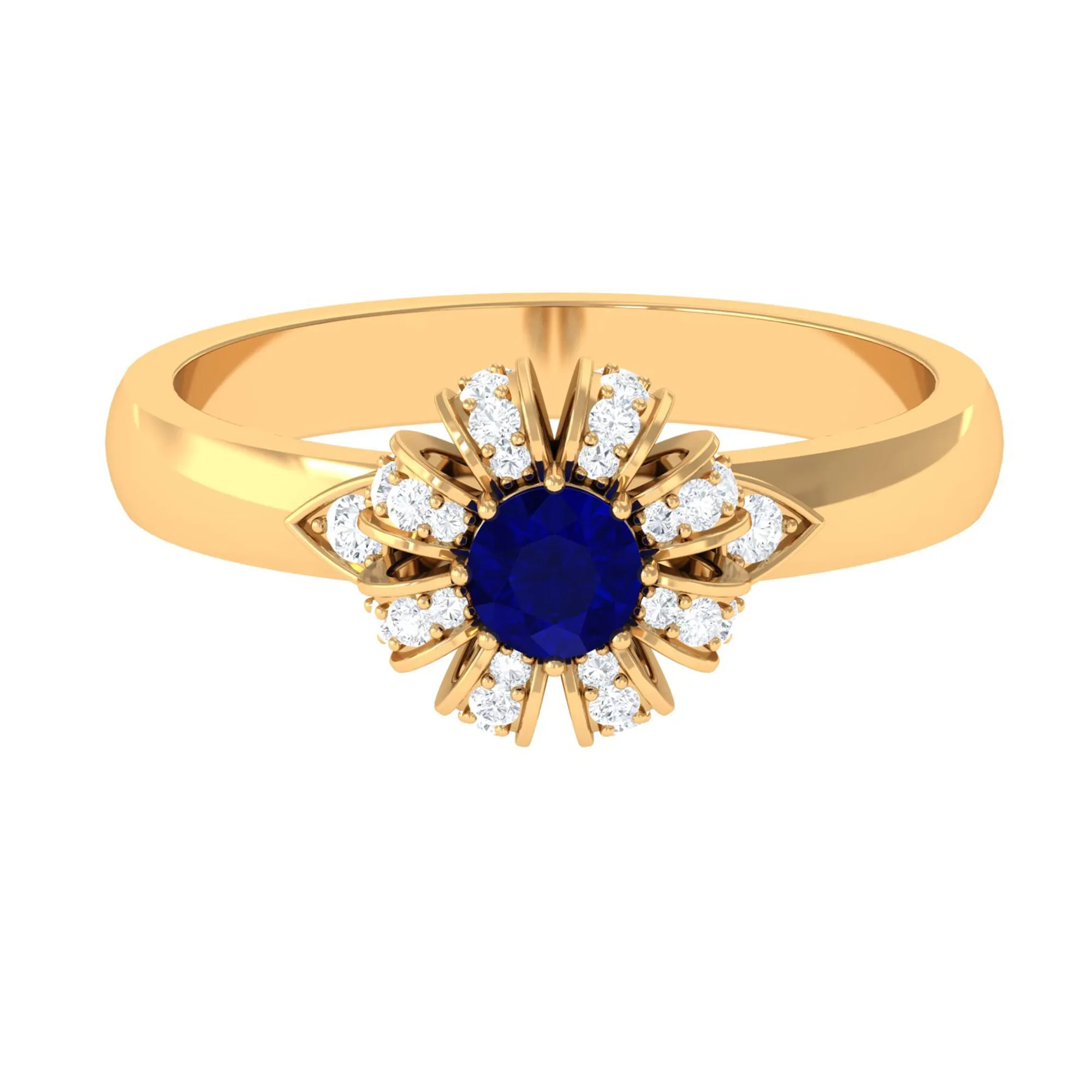 Elegant Blue Sapphire and Diamond Flower Engagement Ring