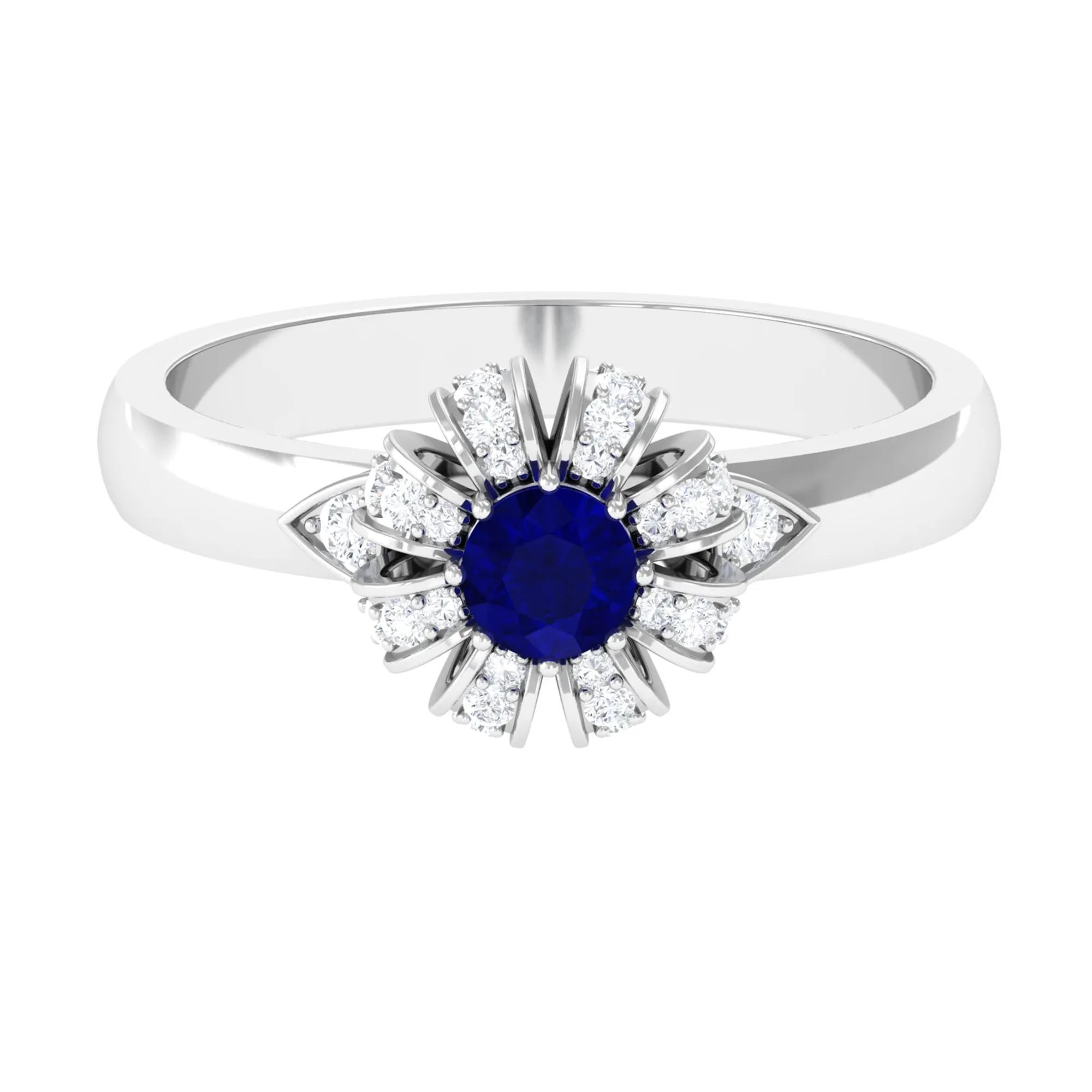 Elegant Blue Sapphire and Diamond Flower Engagement Ring