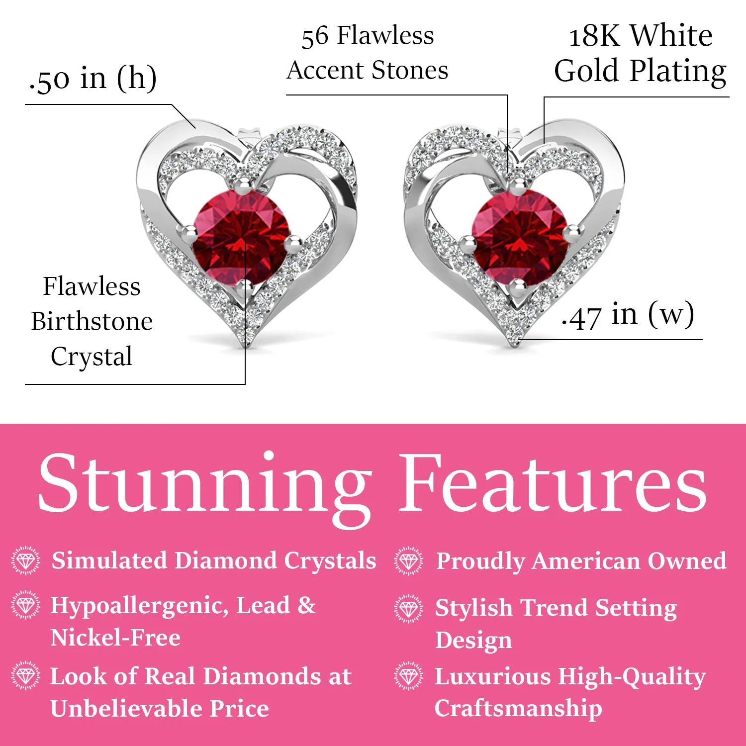 Forever January Birthstone Garnet Earrings, 18k White Gold Plated Silver Double Heart Crystal Earrings