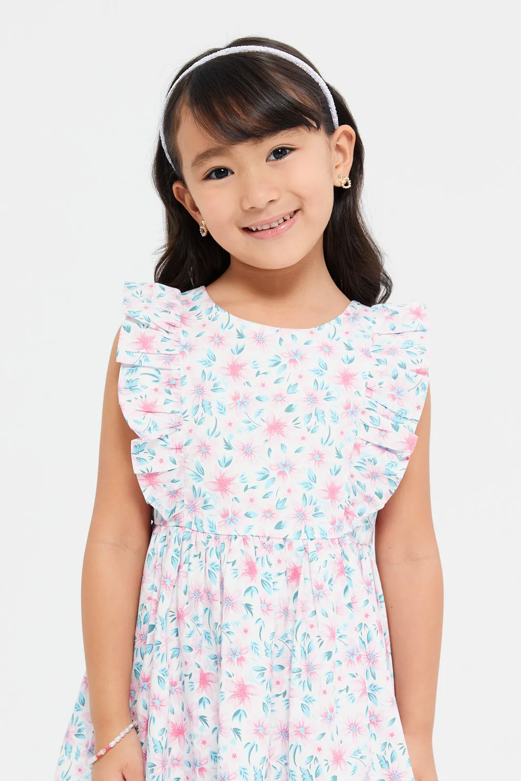 Girls White Floral Printed Satin Frill Dress