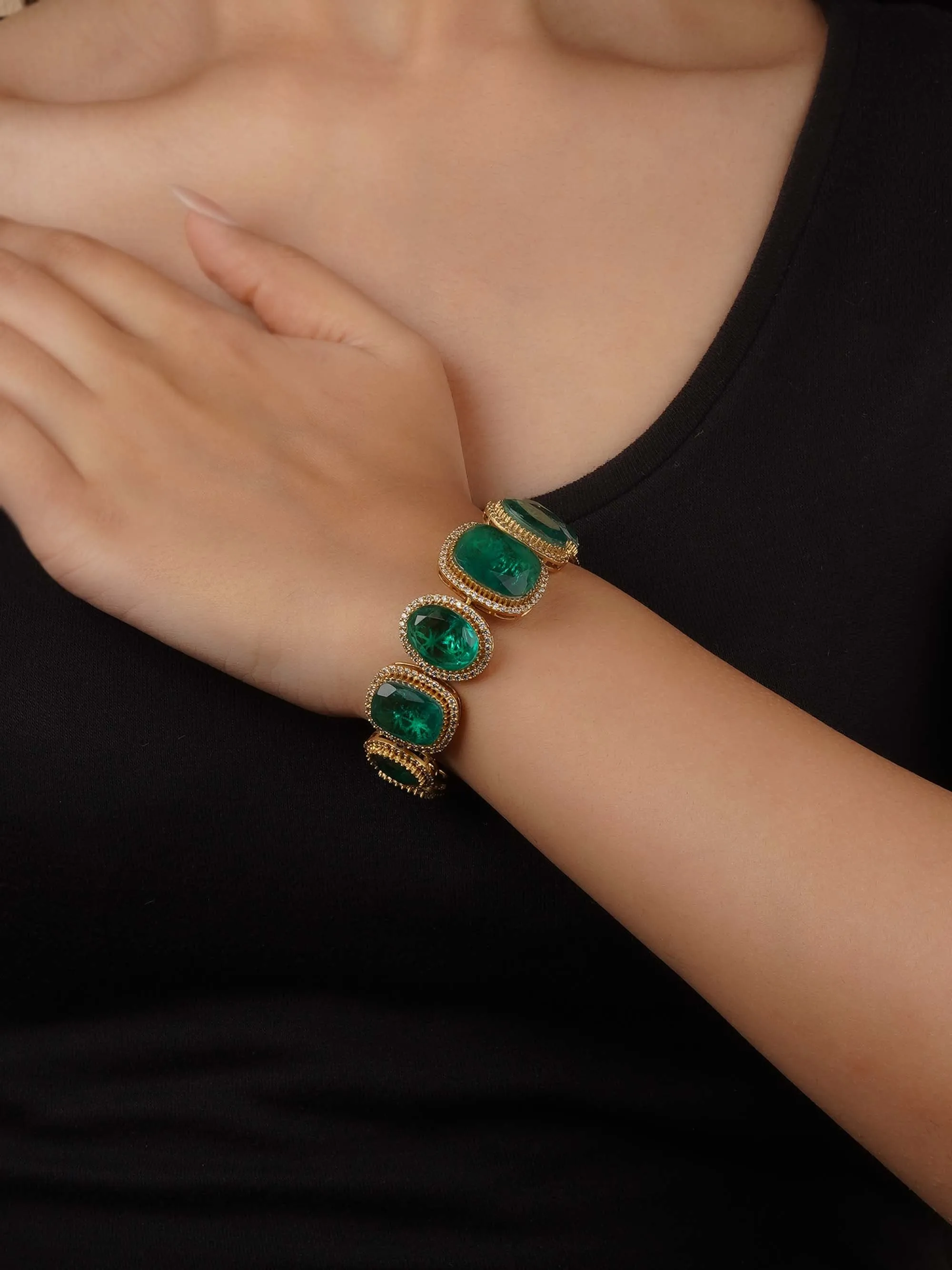 Green Color Gold Plated Faux Diamond Bracelet - CZBRAC132GR