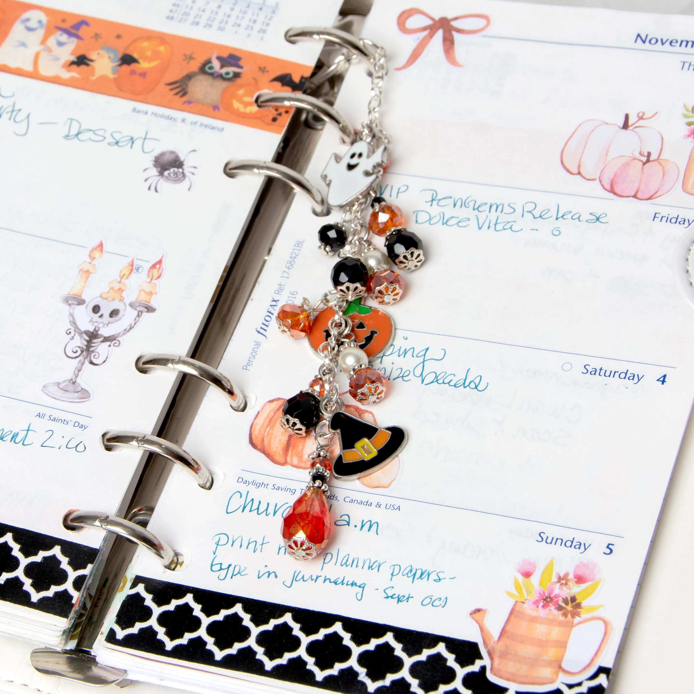 Halloween Planner Charm with Ghost, Jack-O-Lantern and Witch Hat Charms and Crystal Dangle