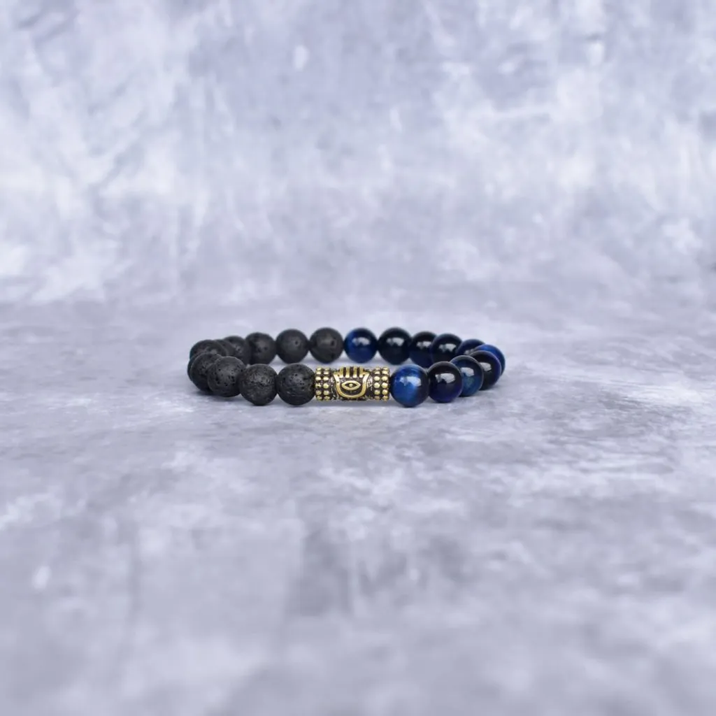 Hamsa Protection - Blue Tiger's Eye & Lava Bracelets