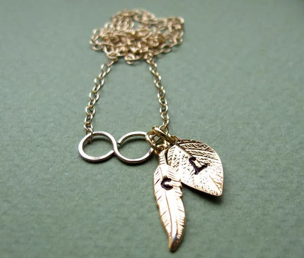 Initial Leaf and Feather Charm Gold Infinity Necklace