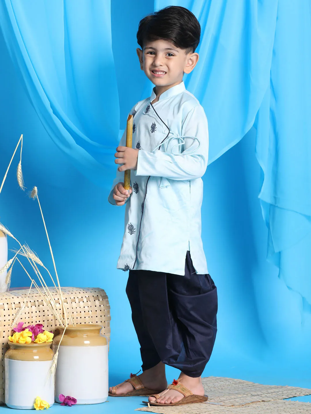 Jashvi Boys' Aqua Blue Embroidered Krishna Kurta And Dhoti Set