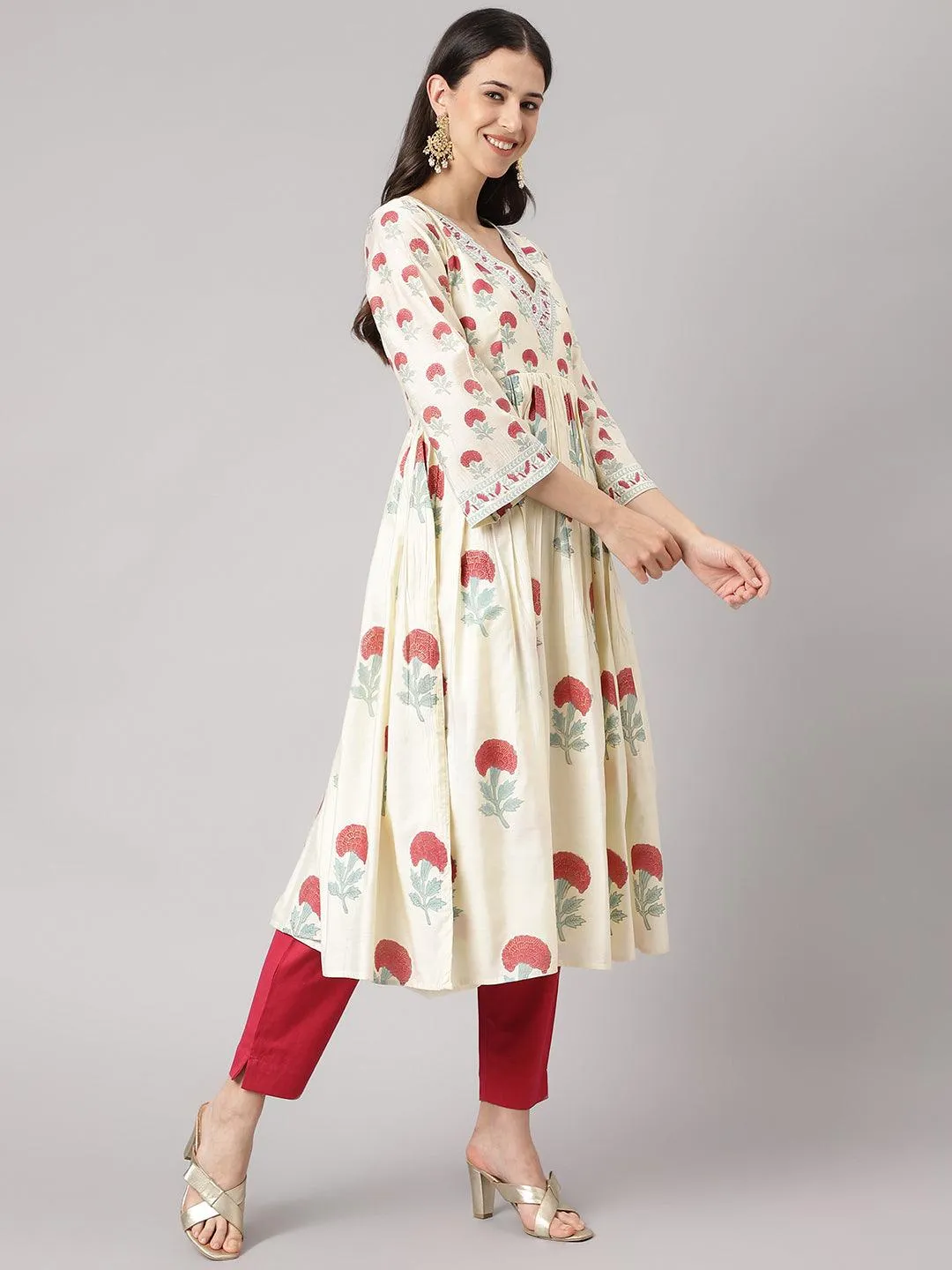 Jashvi Cream Chanderi Floral Anarkali Kurta Pant Set with Dupatta