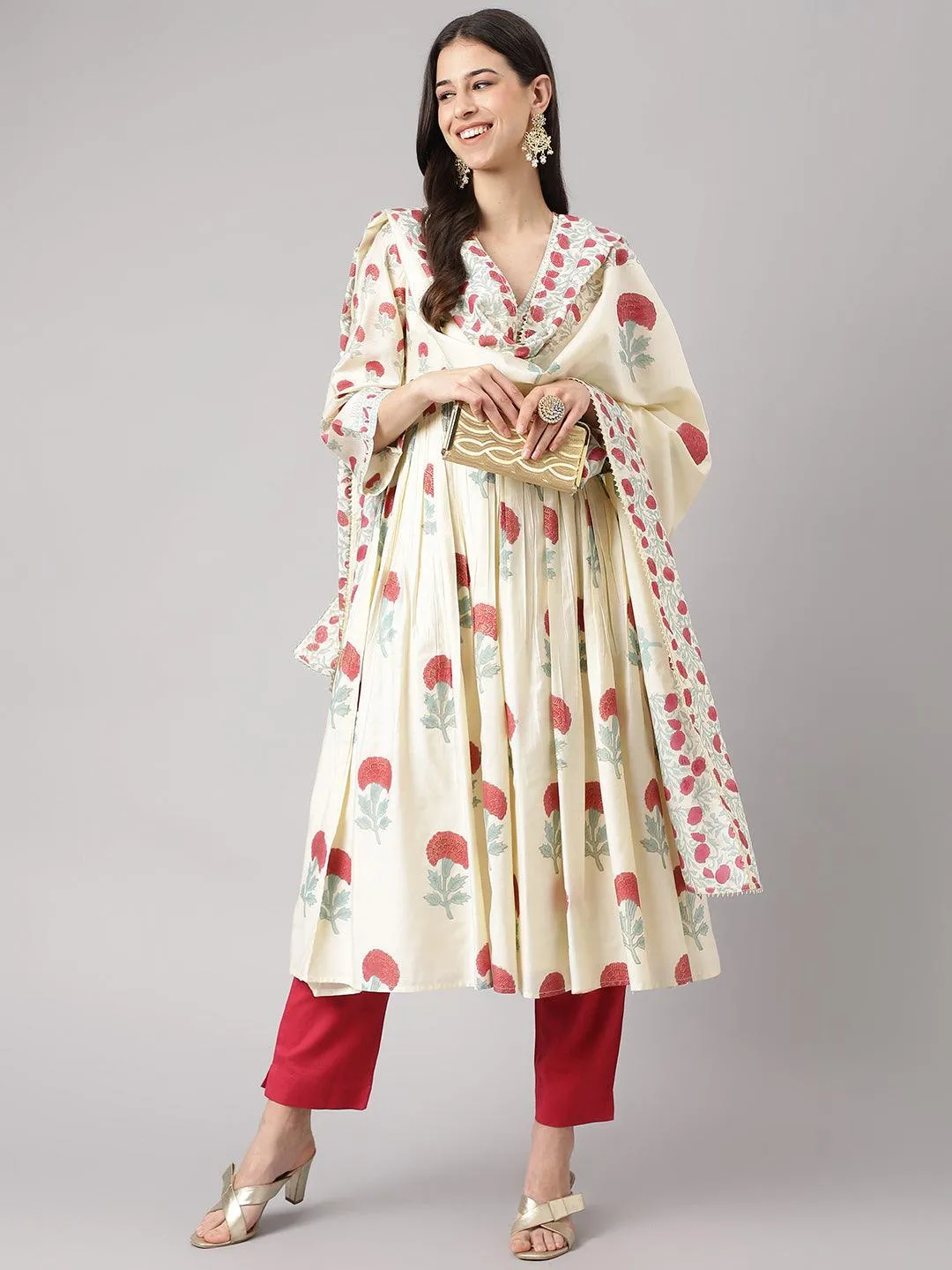 Jashvi Cream Chanderi Floral Anarkali Kurta Pant Set with Dupatta