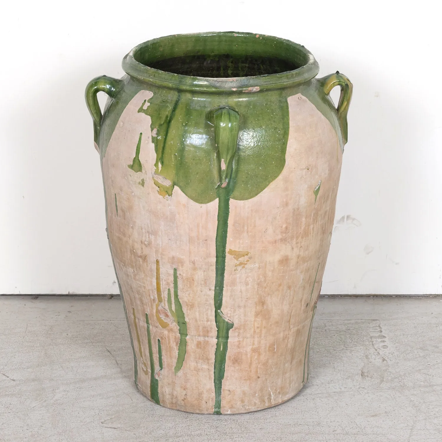 Large 19th Century Spanish Terracotta Olive Jar with Green Glaze and Handles