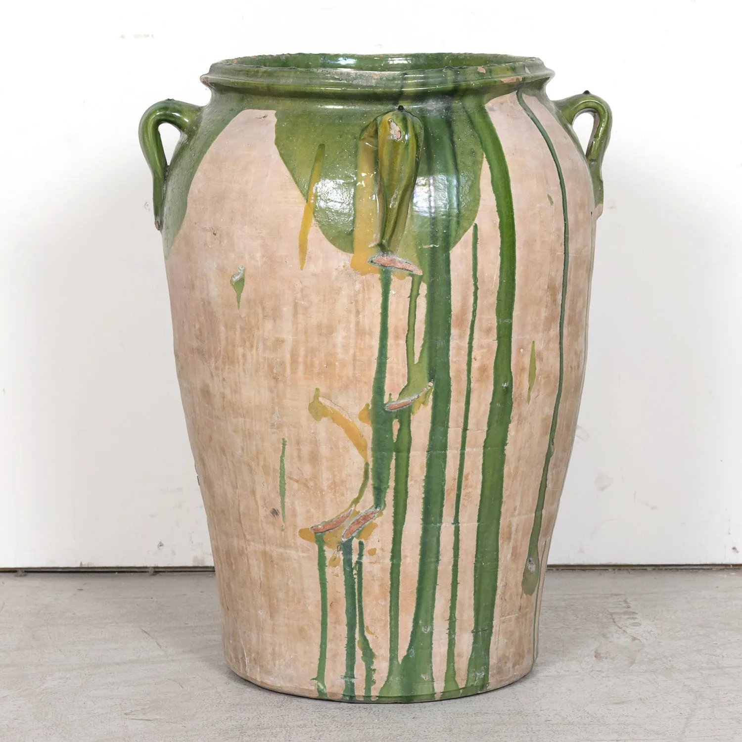 Large 19th Century Spanish Terracotta Olive Jar with Green Glaze and Handles