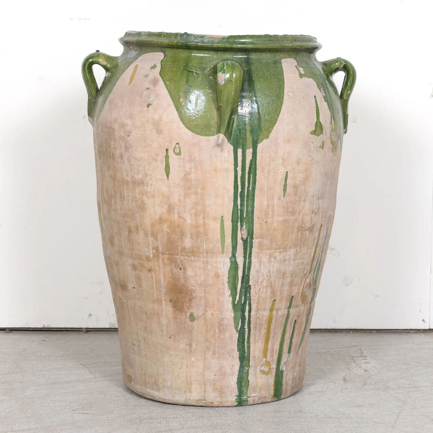 Large 19th Century Spanish Terracotta Olive Jar with Green Glaze and Handles