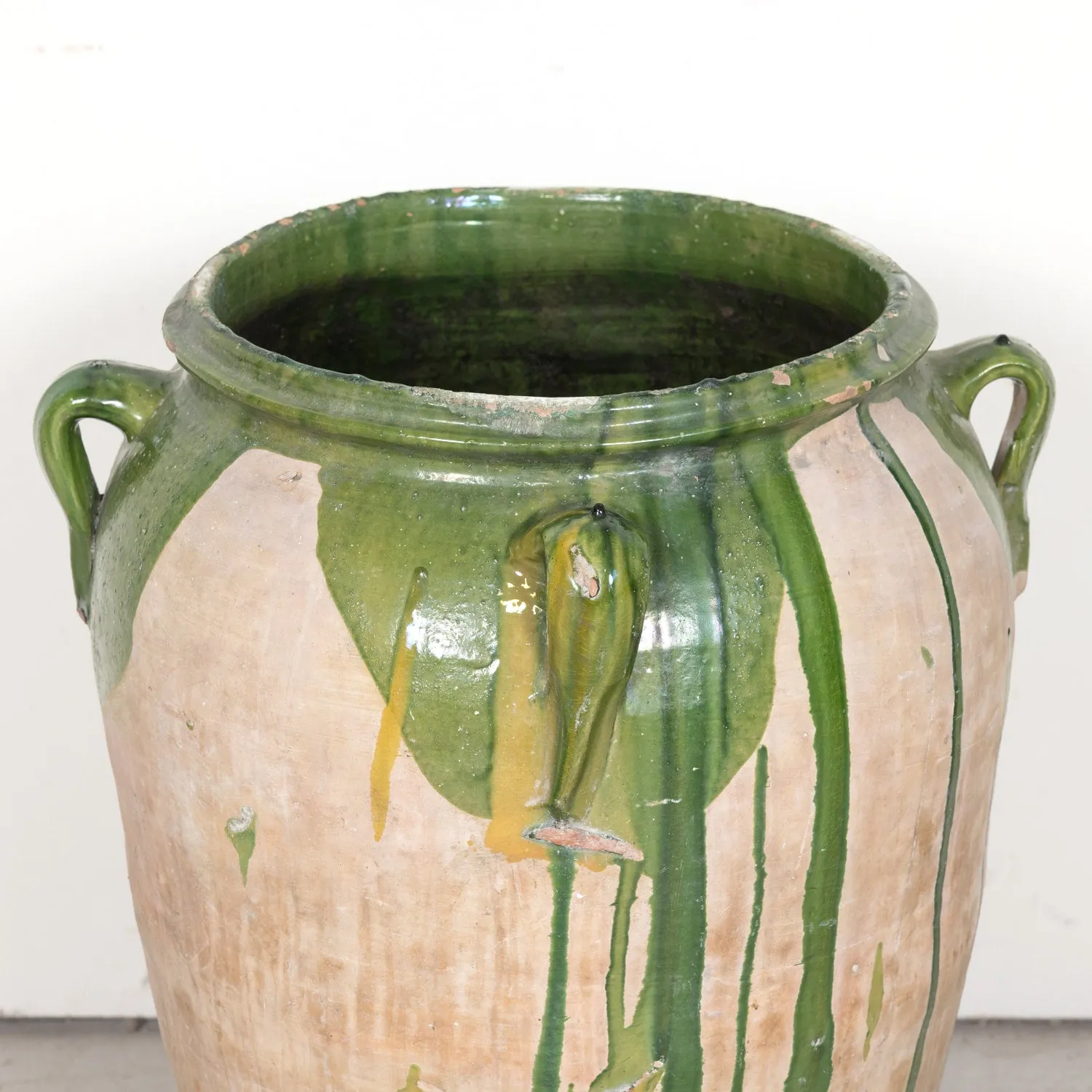 Large 19th Century Spanish Terracotta Olive Jar with Green Glaze and Handles