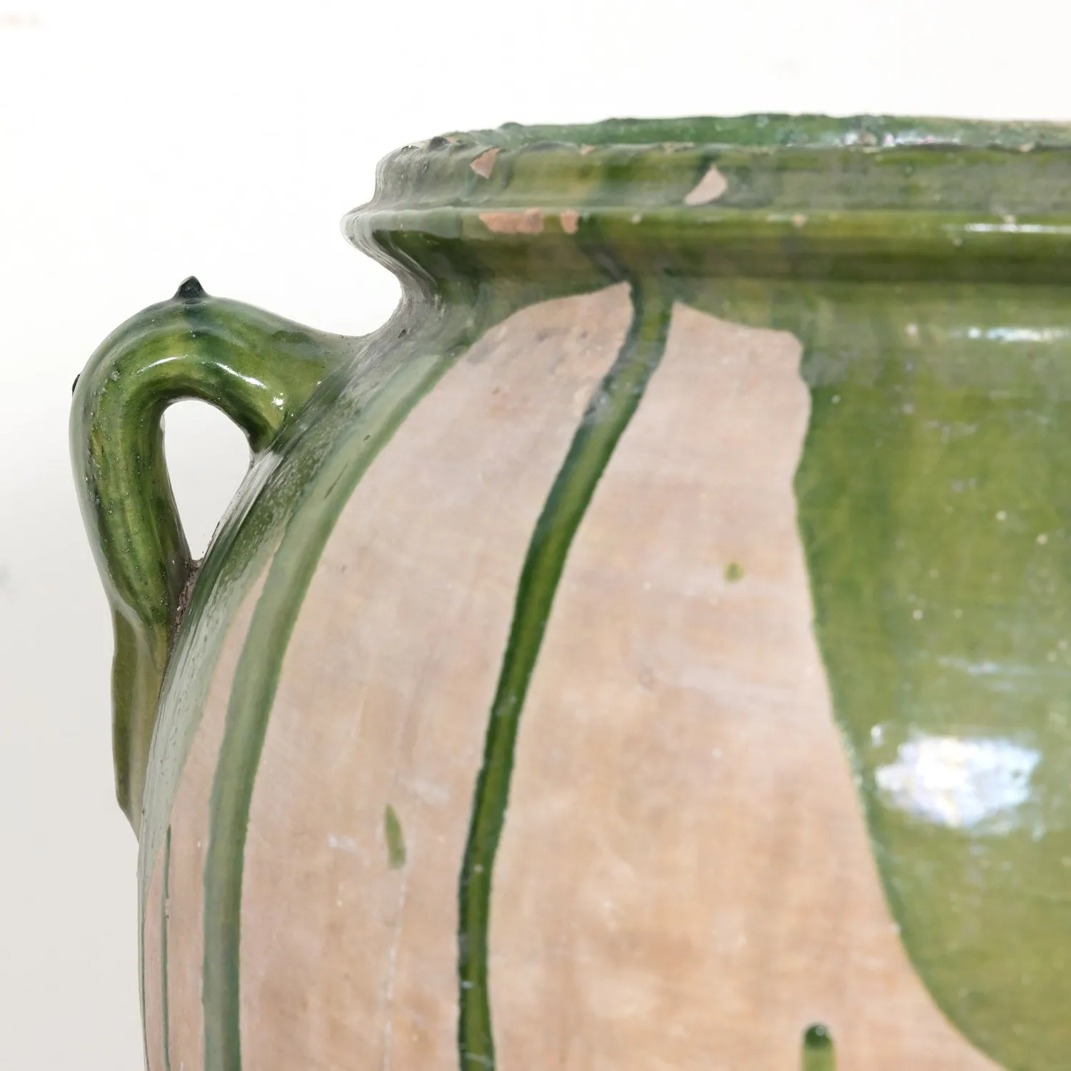 Large 19th Century Spanish Terracotta Olive Jar with Green Glaze and Handles