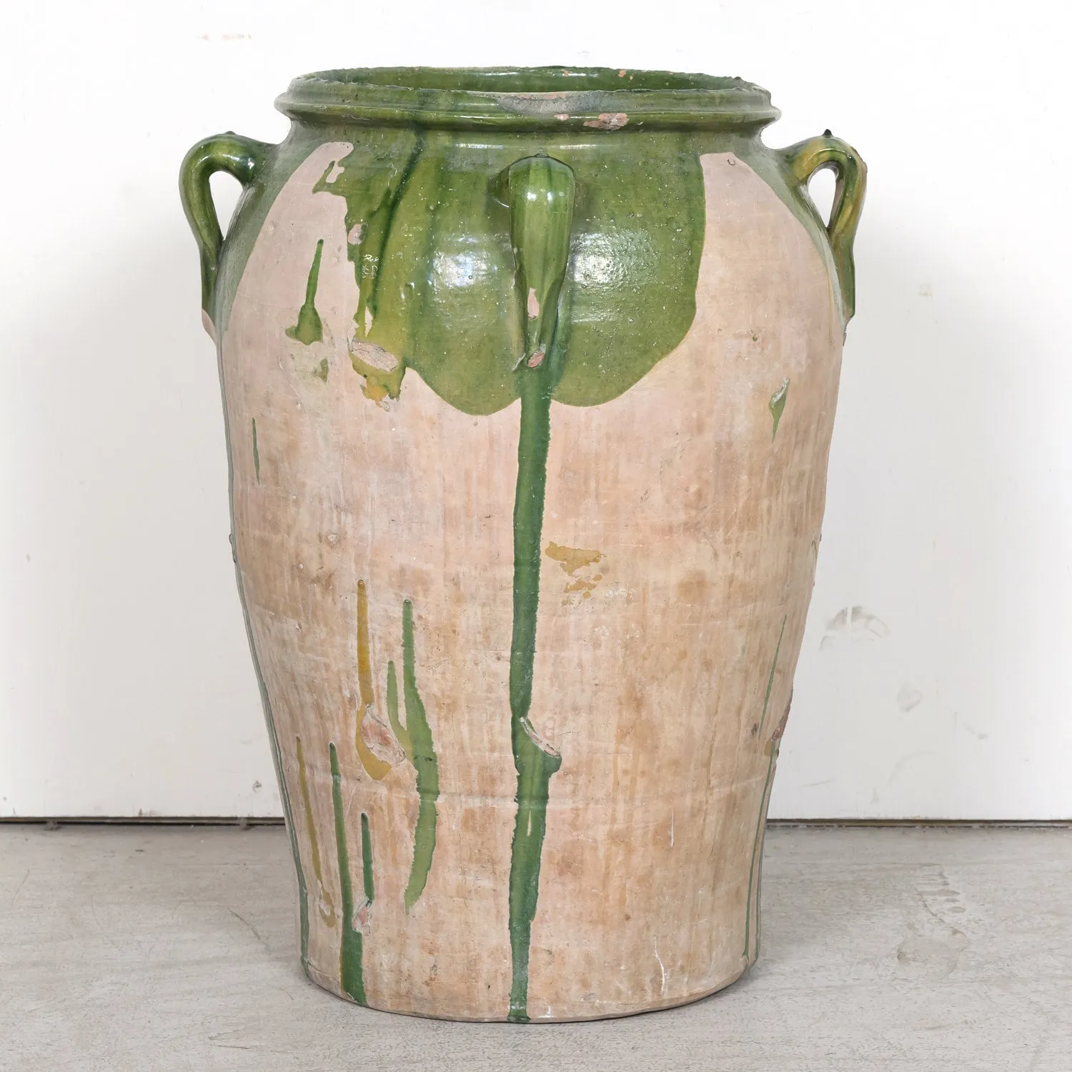 Large 19th Century Spanish Terracotta Olive Jar with Green Glaze and Handles