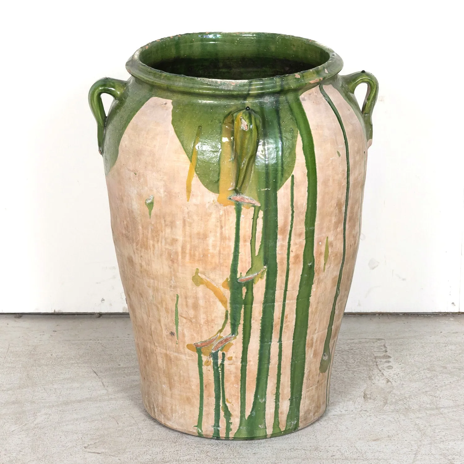 Large 19th Century Spanish Terracotta Olive Jar with Green Glaze and Handles