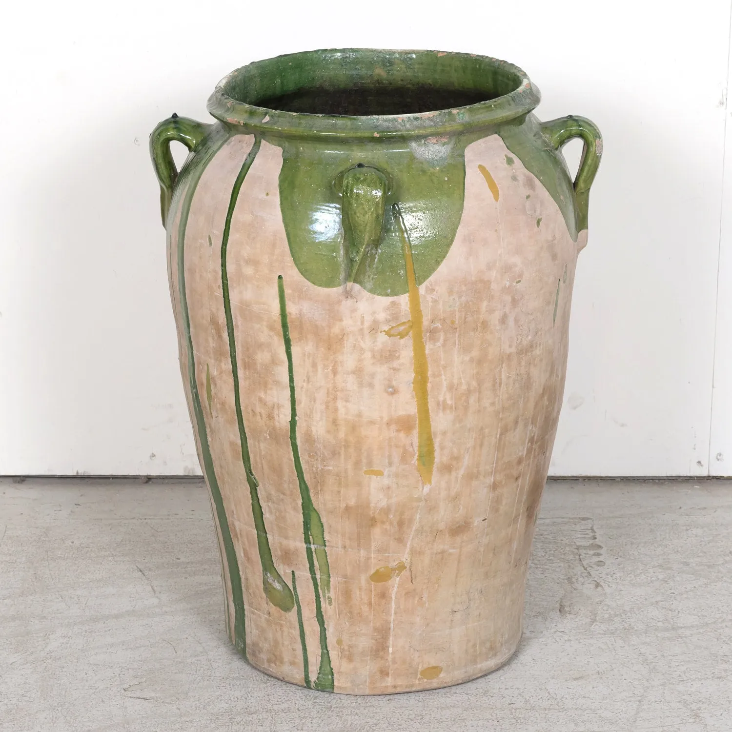 Large 19th Century Spanish Terracotta Olive Jar with Green Glaze and Handles